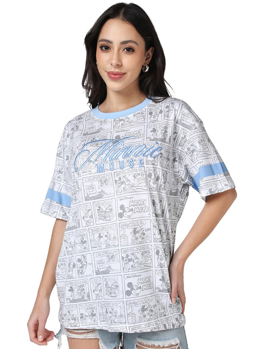 Bewakoof Heavy Duty 1.0 Official Disney Merchandise Minnie Womens All Over Printed Oversized Fit Half Sleeve Round Neck Pure Co