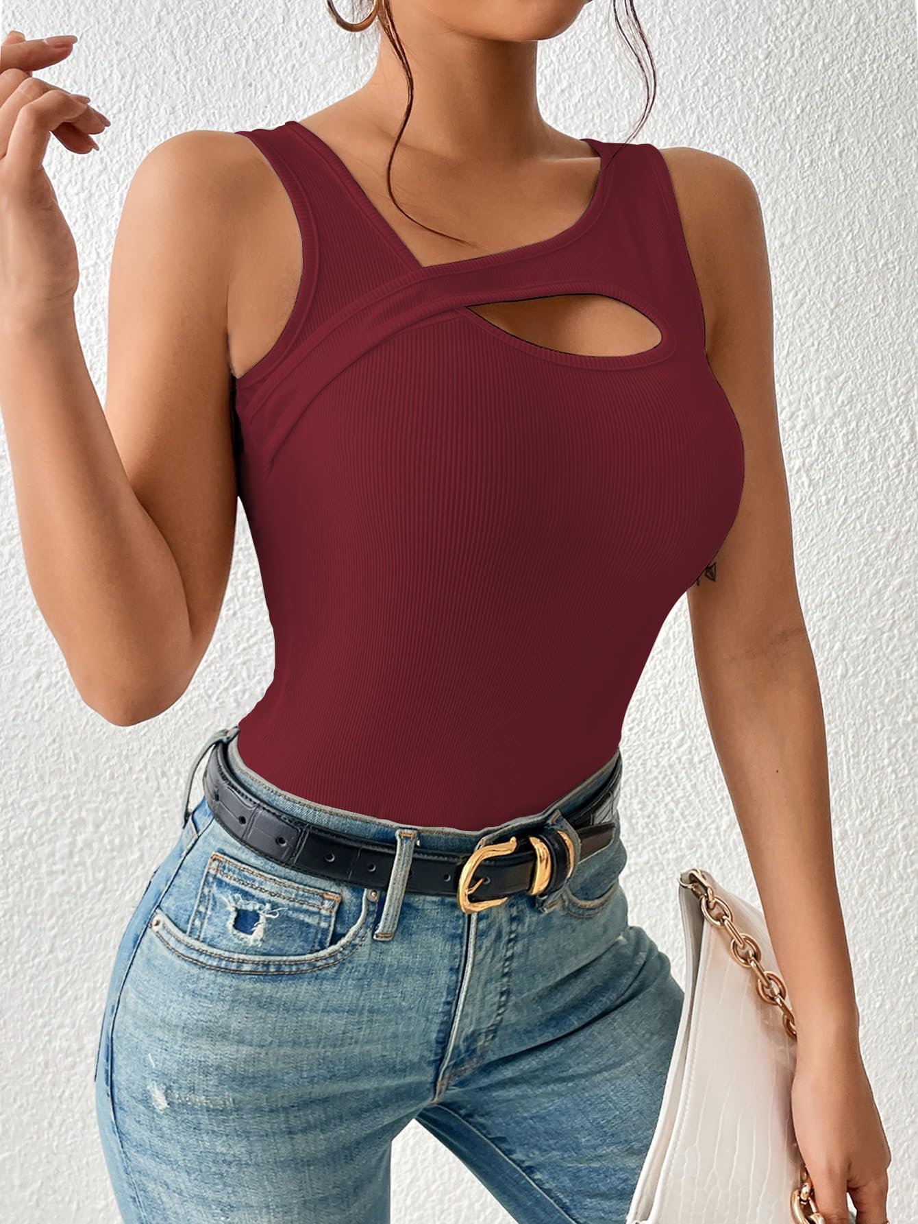 Sugathari Womens Maroon Cut Out Asymmetrical Neck Rib Knit Jeans Korean Trendy Tank Western Tops for Women Stylish (T-Shirt 182