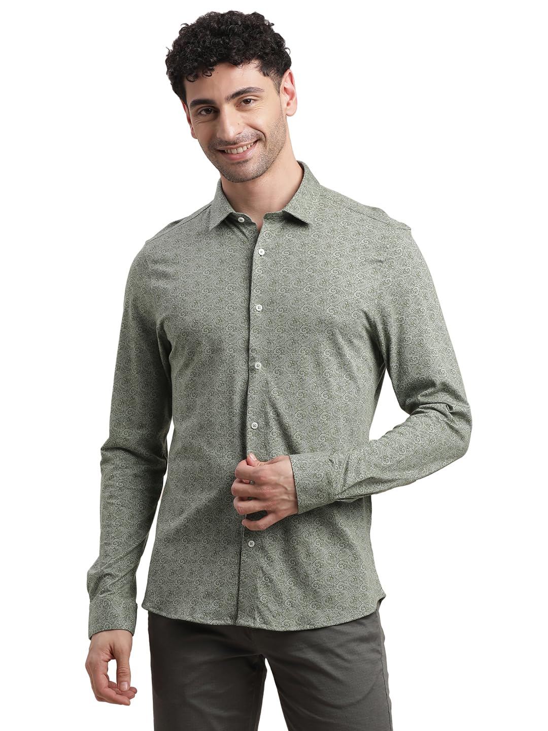Turtle Men Knitted Slim Fit Spanish Green Printed Party Shirt