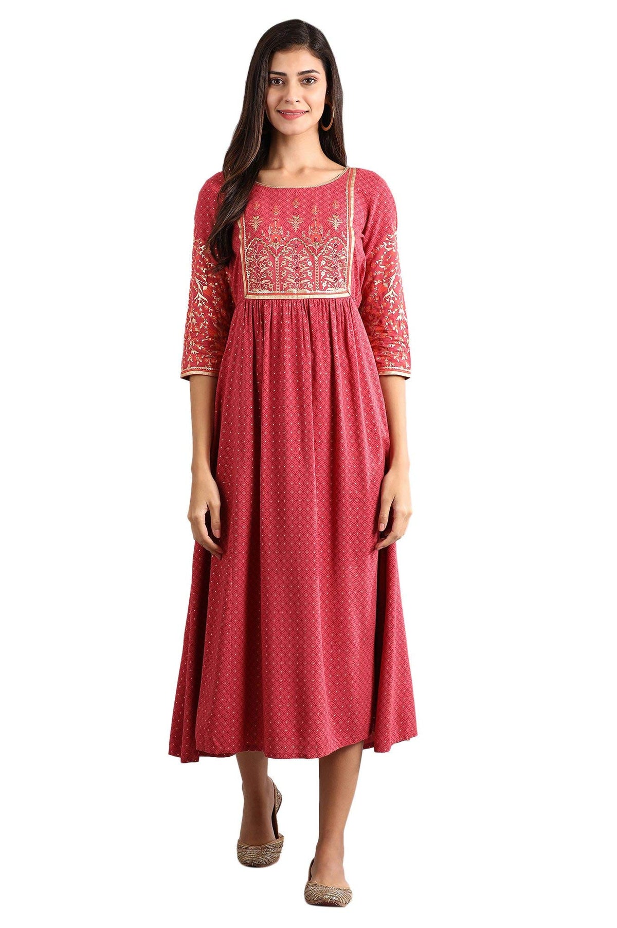 Aurelia WomenS Rayon Pink Round Neck Printed Liva Dress Ankle Length (21Fea11371-501698 L)