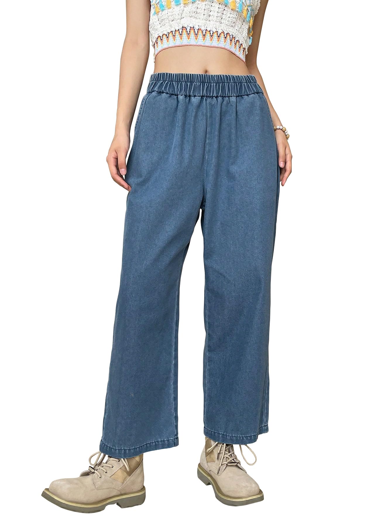 Shasmi Girls & Womens Blue Denim Cotton Elastic Waist Cropped Straight Ankle Length Wide Leg Casual Baggy Jeans for Women, Tro