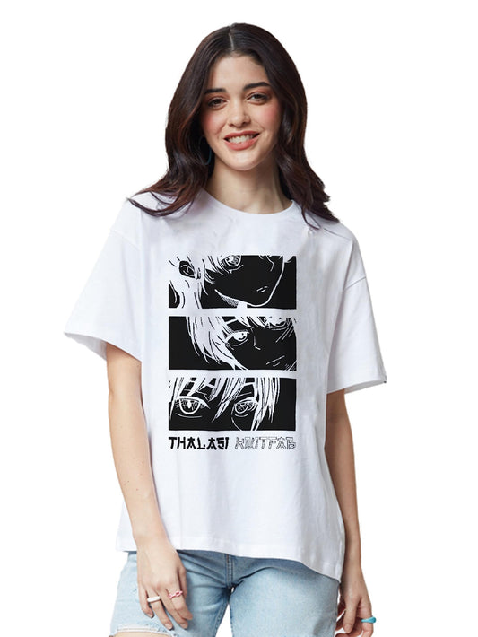 Thalasi WomenS Cartoon Oversized Fit T-Shirt (Wts_615_Anime_White