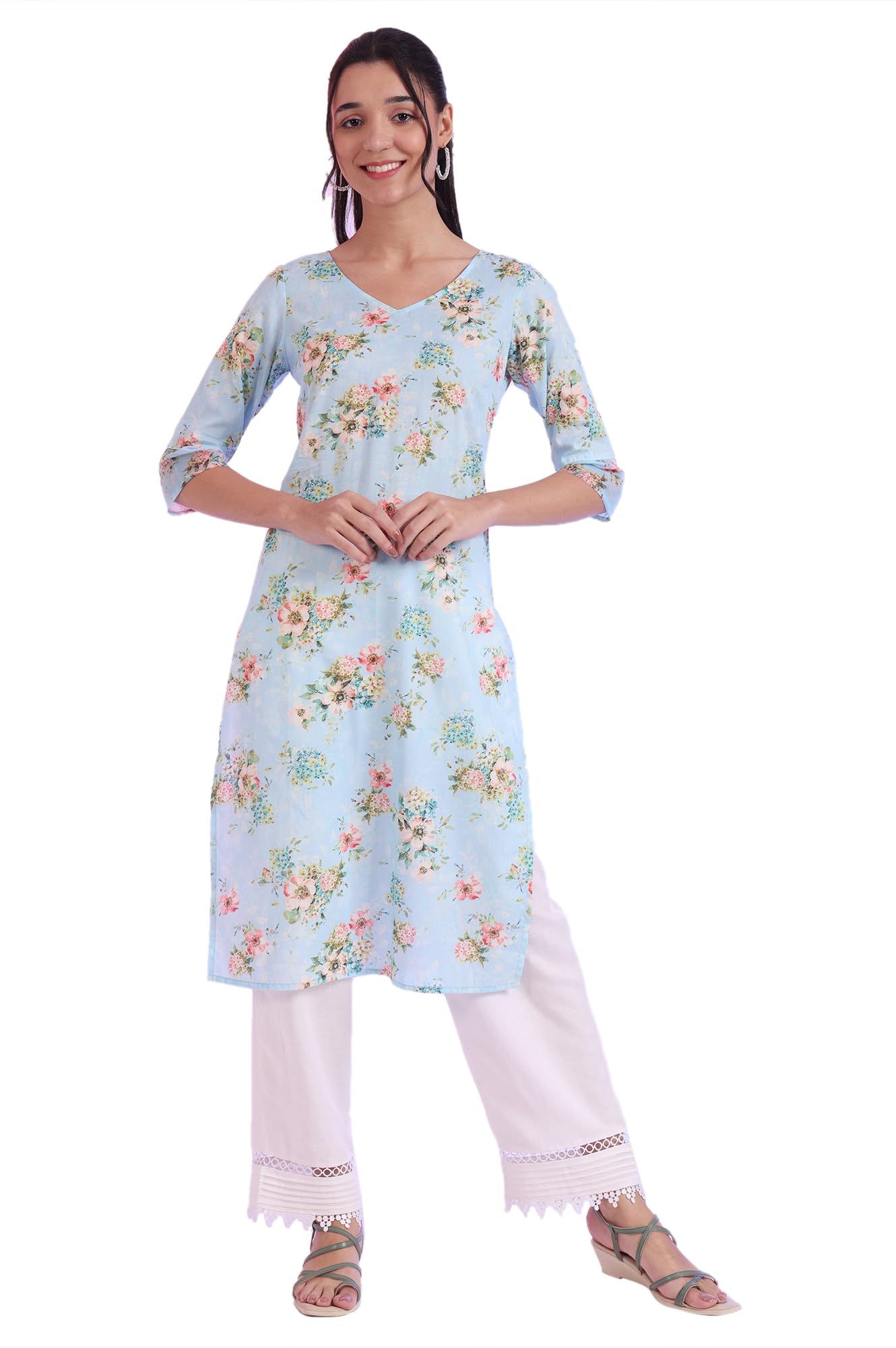Aurelia Women's Blue Printed Pure Cotton Straight Kurta (Size: S)-A15565-508771