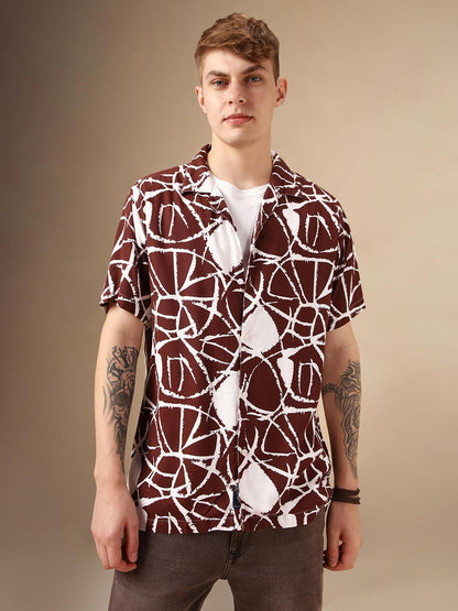 Dennis Lingo Men Brown Rayon Half Sleeve Cuban Collar Printed Shirts