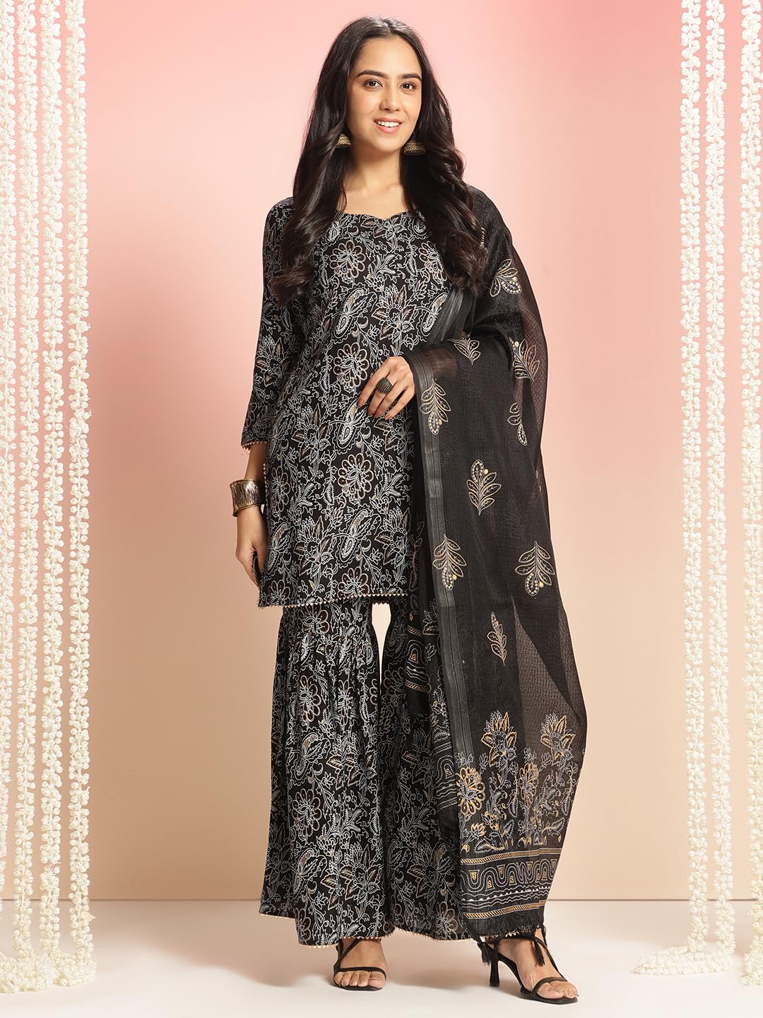 ANNI DESIGNER Women's Rayon Viscose Straight Printed Kurta with Sharara & Dupatta