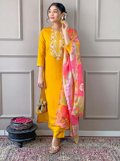 Naixa Womens Yellow Rayon Blend Embroidered Straight Kurta with Rayon Blend Pant and Organza Printed Dupatta Sets (NX-506-Yello