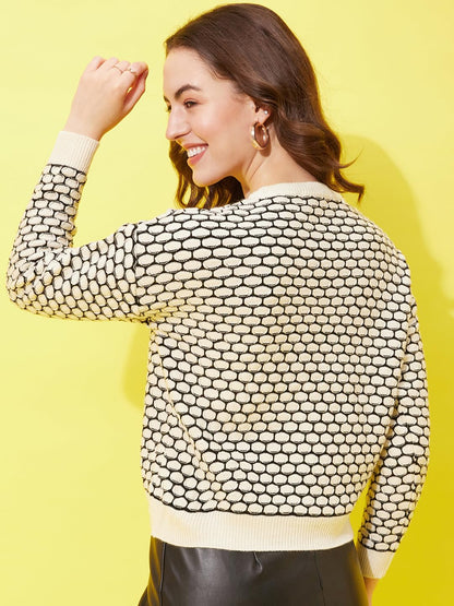 Modeve Self Design Round Neck Casual Women Crop Top Sweater||Winterwear|| White
