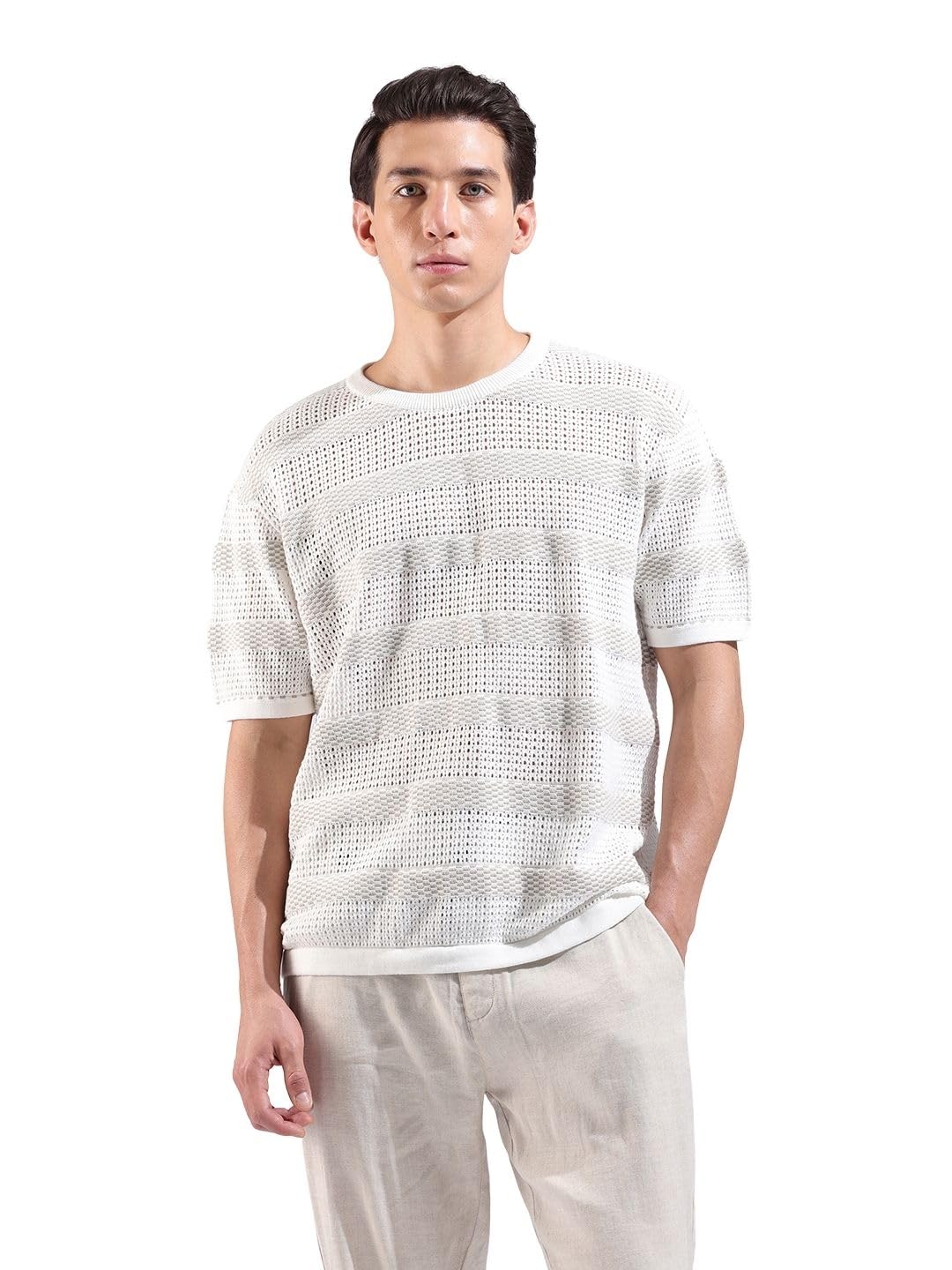 The Indian Garage Co Mens Oversized Striped Flatknit Half Sleeves Crew Neck Sweater
