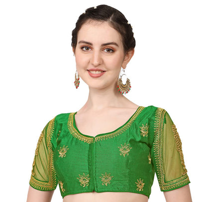 Pujia Mills WomenS Multicolor Temple Embroidery Net Back Sequence Khatli Work Sleeves Design Phantom Silk Readymade Saree Blous