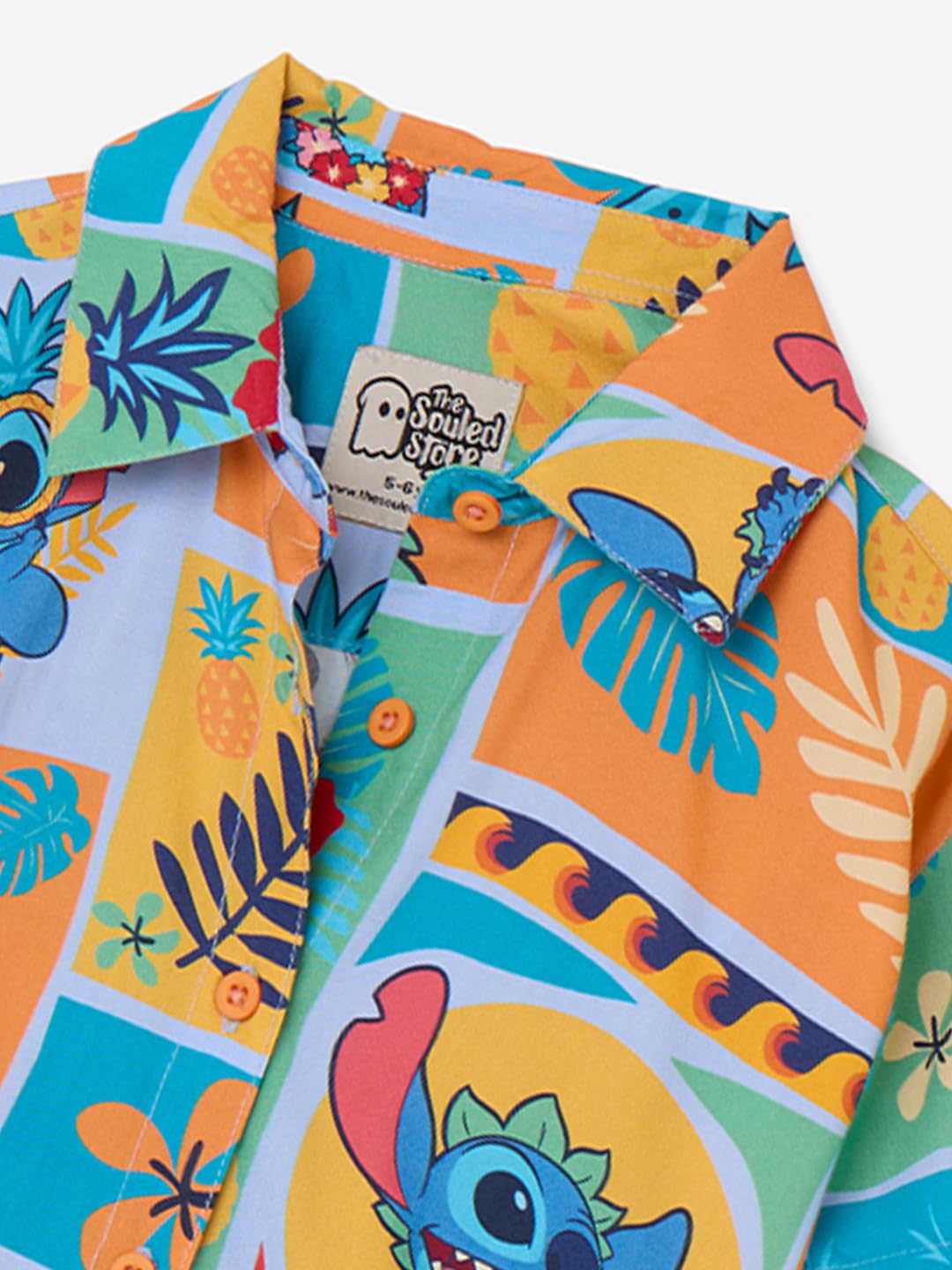The Souled Store Lilo & Stitch: Pineapple Girls Short Sleeves Collared Neck Button Front Multicolour Printed Cotton Tops (2-8 Yr