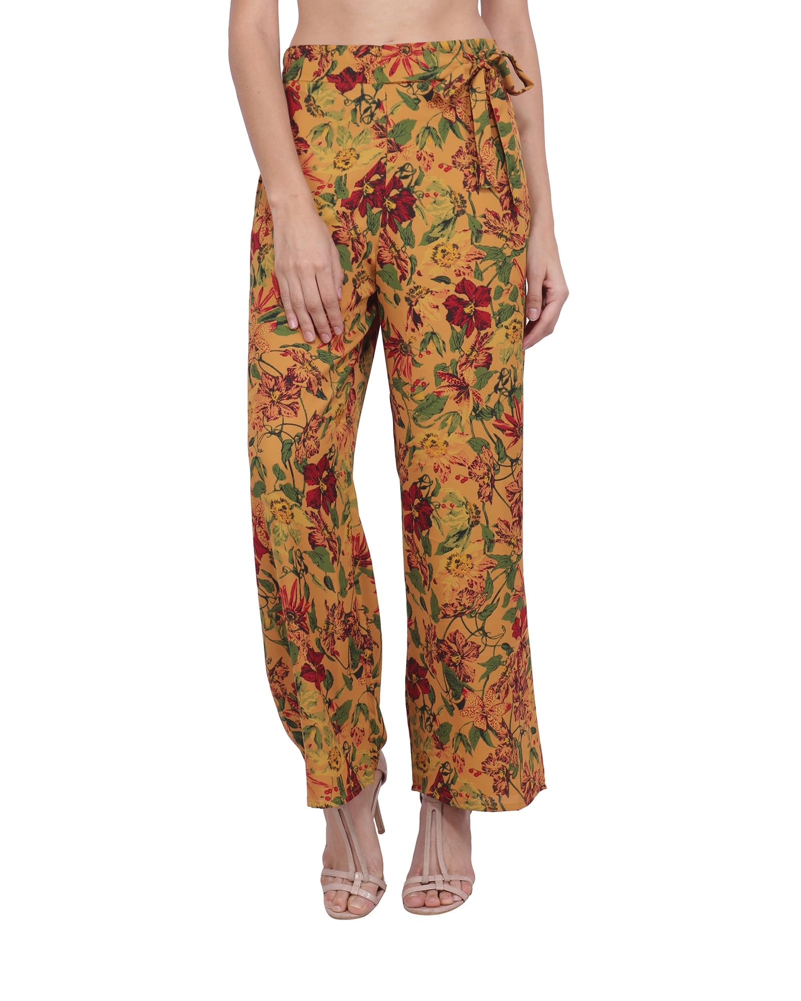 Popwings Casual Mustard Floral Printed Regular Fit Palazzo For Women Palazzos For Women