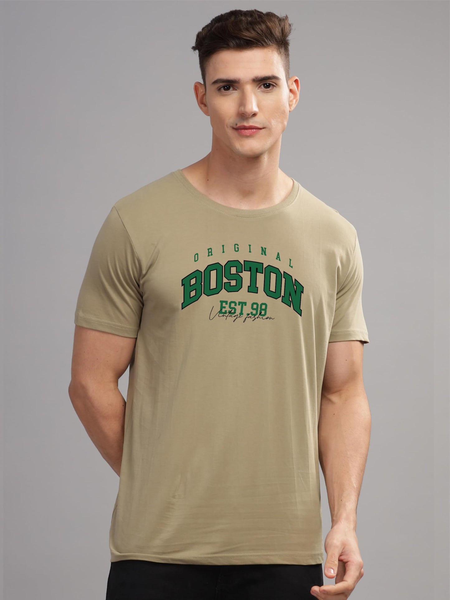 ADRO Mens Printed T Shirt - Premium Cotton Graphic Printed Tshirt - Beige T-Shirt - RN24-BOST-BE