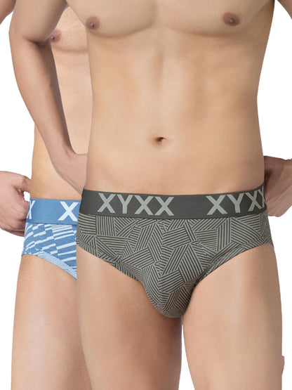 XYXX Mens Blend Geometric (Pack of 2) Cotton Modal Matrix Brief_2_Linear Grey+Cascade Blue