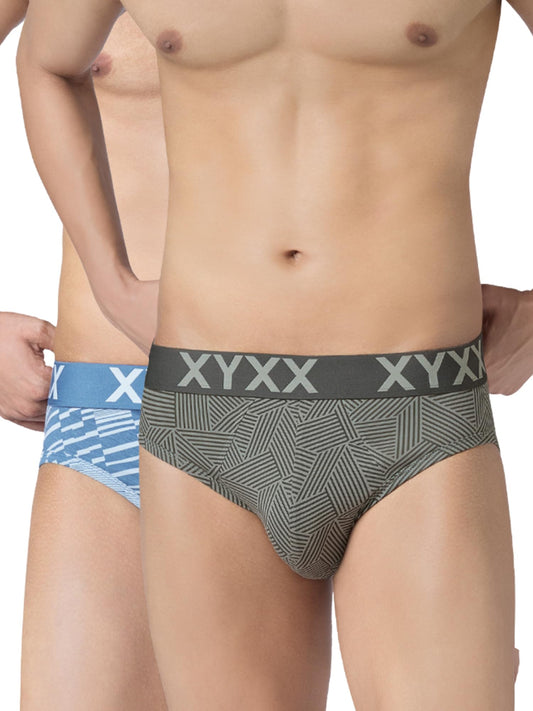 XYXX Mens Blend Geometric (Pack of 2) Cotton Modal Matrix Brief_2_Linear Grey+Cascade Blue