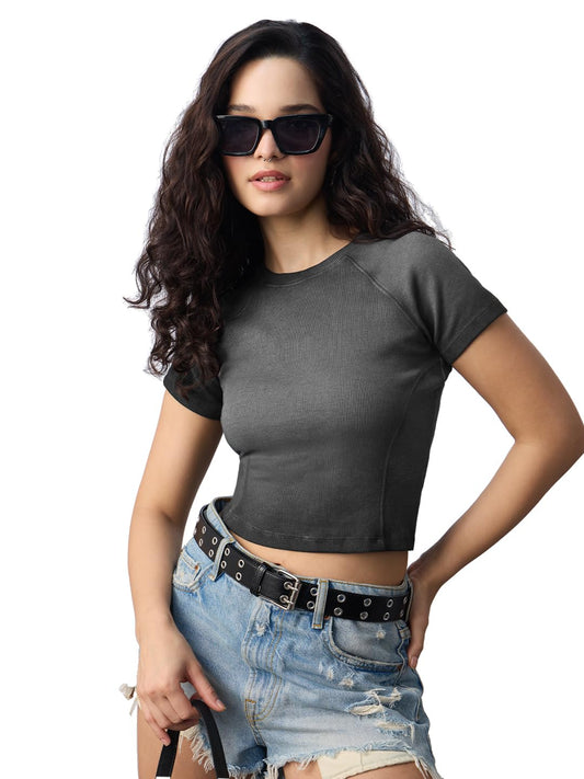 The Souled Store Ribbed Acid Wash Tee: Black Women and Girls Short Sleeves Round Neck Cotton Slim Fit Lightweight Streetwear Cro