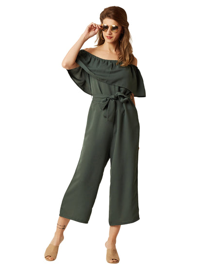 Miss Chase WomenS Green Off-Shoulder Tie-Up Midi Jumpsuit