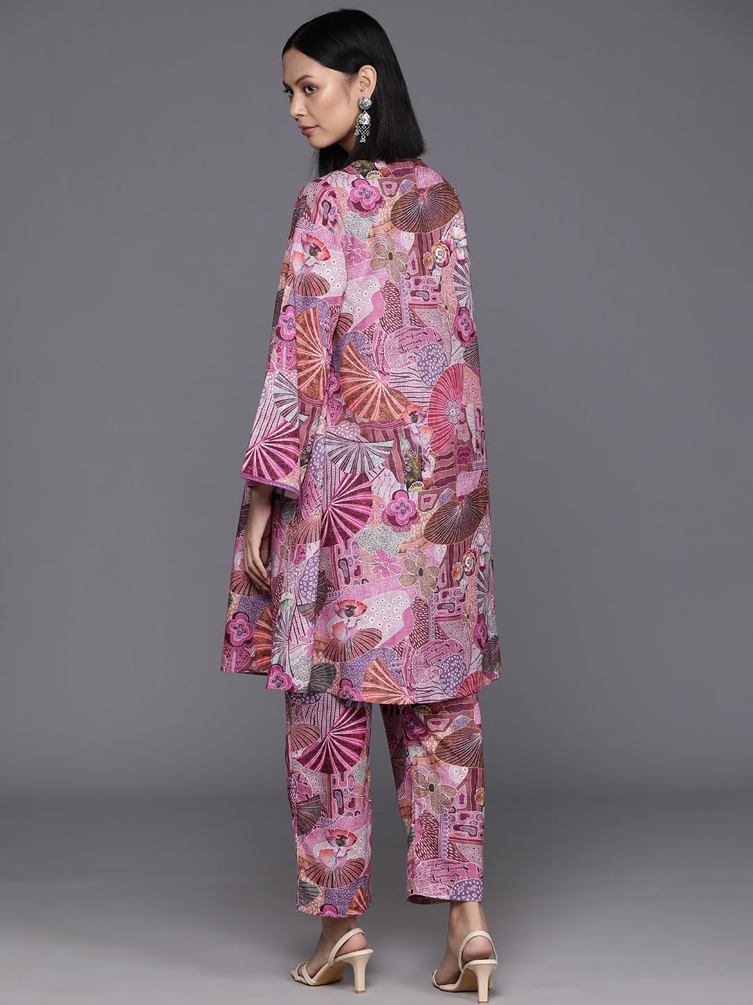 Varanga Women Purple Abstract Printed V-Neck A-Line Kurta Paired with Tonal Bottom