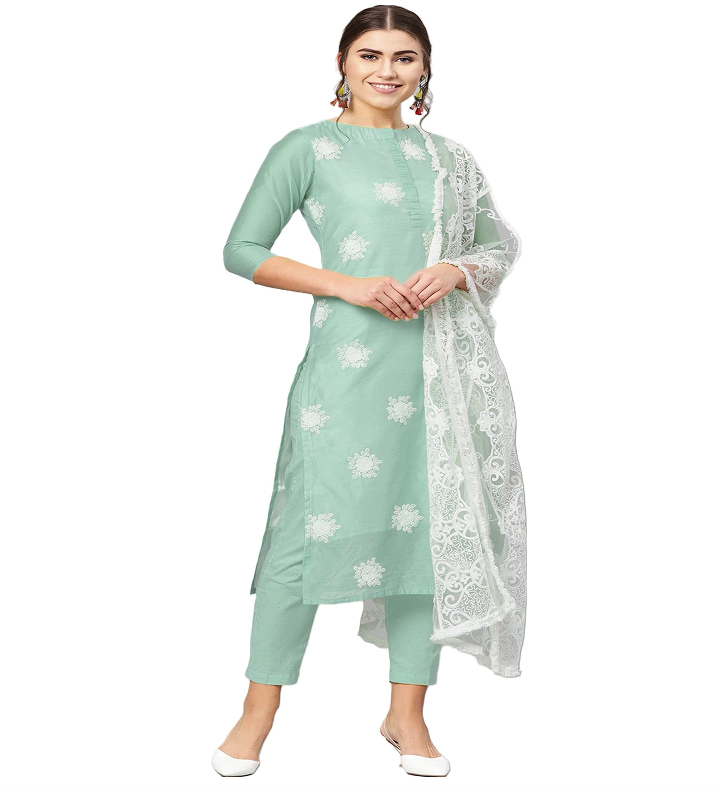 ANNI DESIGNER Womens Ruby Cotton Straight Embroidery Kurti with Pant & Dupatta Set (White-Show Light Green_XXL Light Green_XX-L