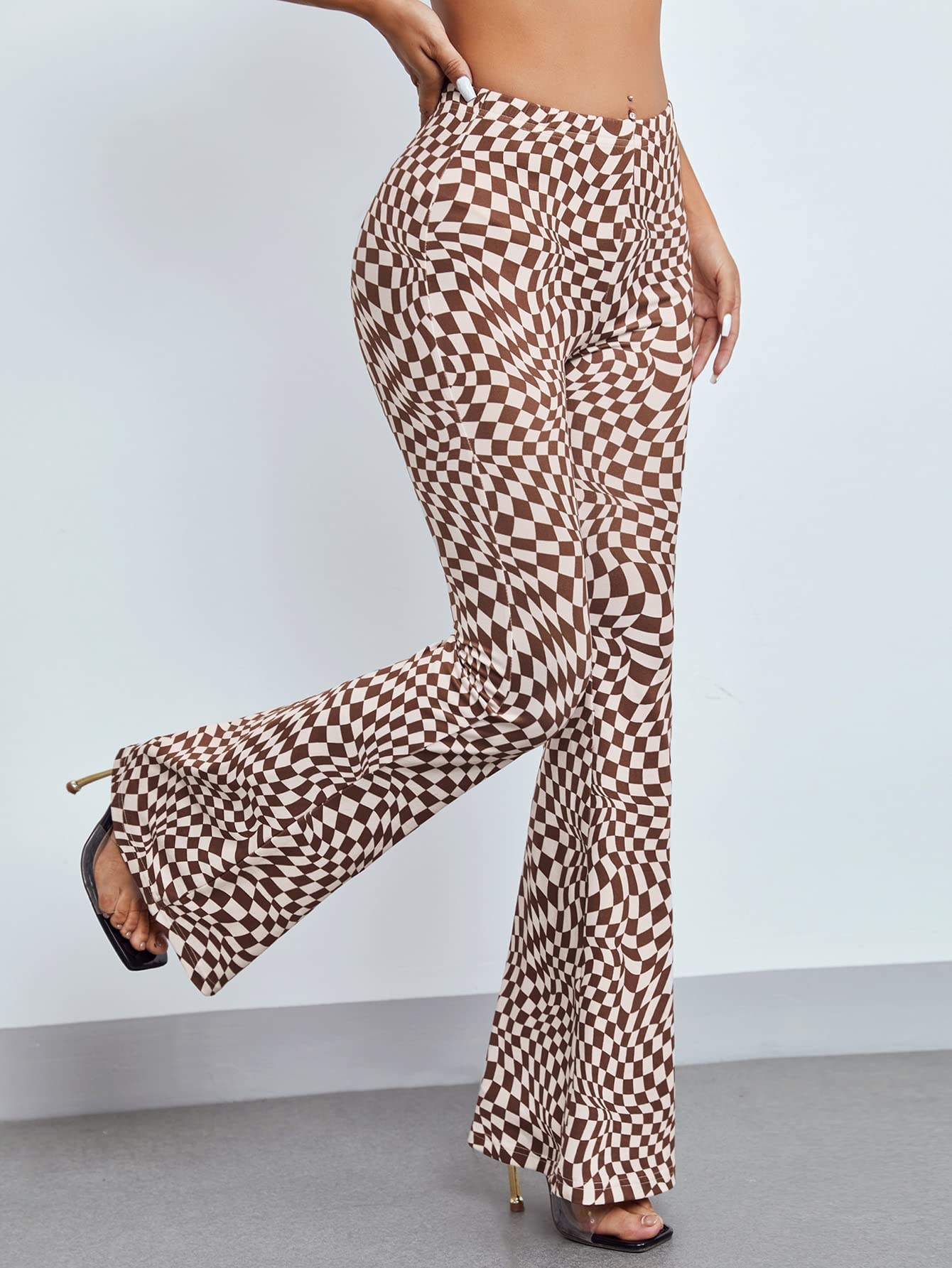 AVANOVA Womens & Girls Coffee Checkered Print Dress Pants Stretchy Work Slacks Business Casual Office Bell-Bottom/Boot-Cut Elas