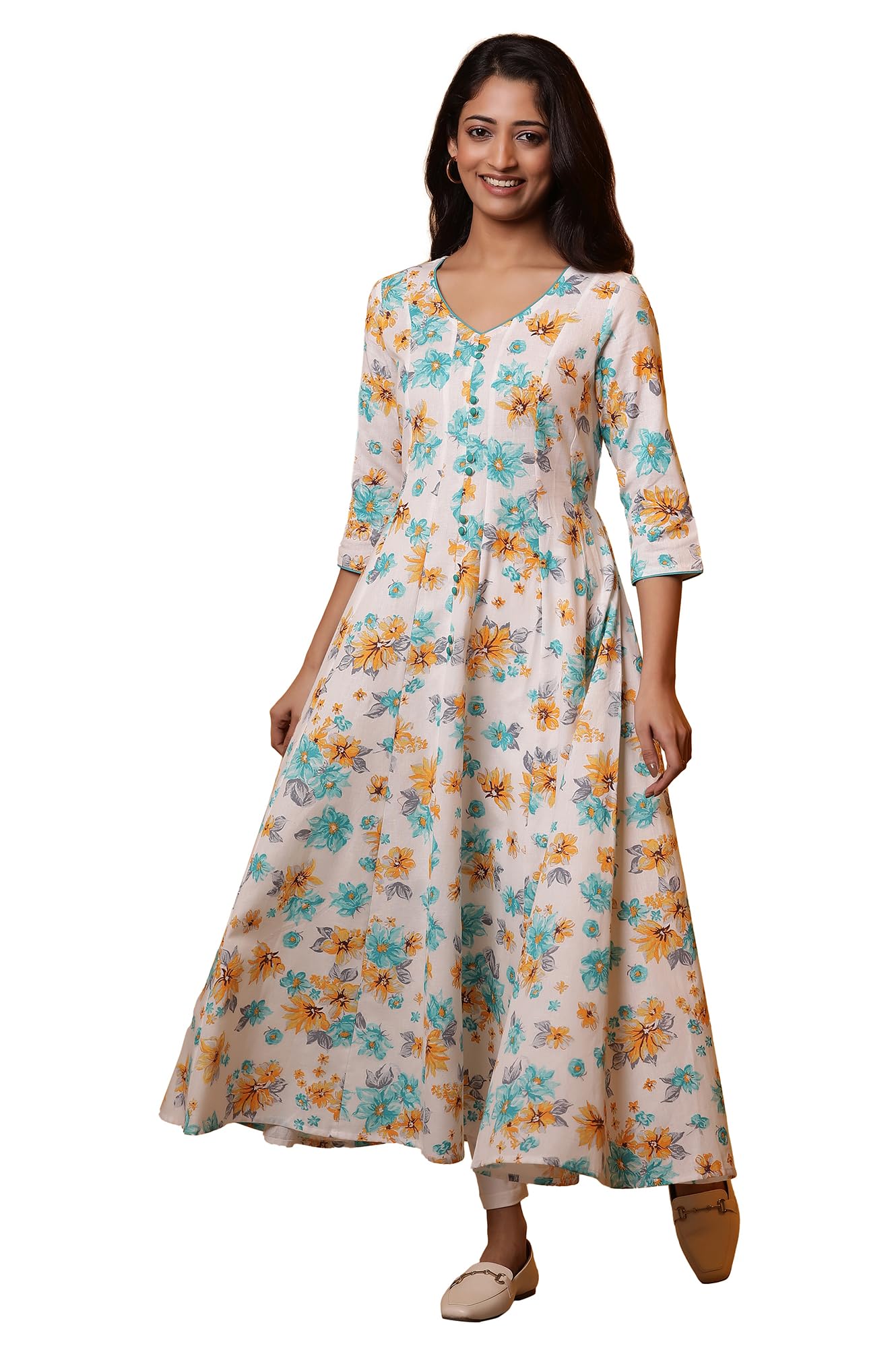 Aurelia WomenS Floral Printed Flared Kurta | V-Neck Kurta For Women | Floral Printed Kurta For Women | Beautiful Regular Fit Kur