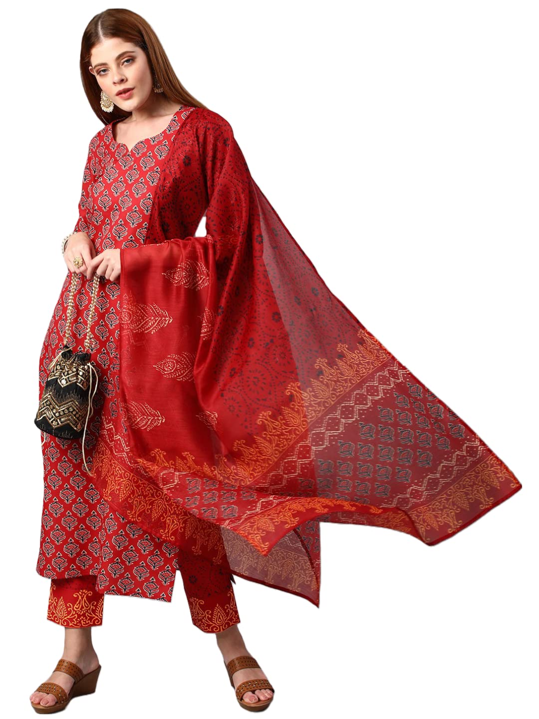 ANNI DESIGNER Womens Cotton Blend Printed Kurta and Pant with Dupatta Set (Shank-Maroon-Nw_XL_Maroon_X-Large)