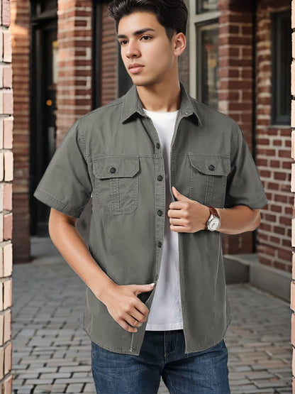 SMOWKLY Mens Casual Solid Printed Cotton Regular Fit Shirt || Half Sleeve, Button Down, Double Front Pocket || Denim Jacket Sty
