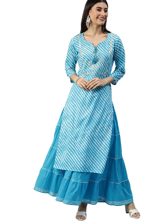 ishin Women's Pure Cotton Blue Embroidered & Sequinned Straight Kurta suit set with Skirt