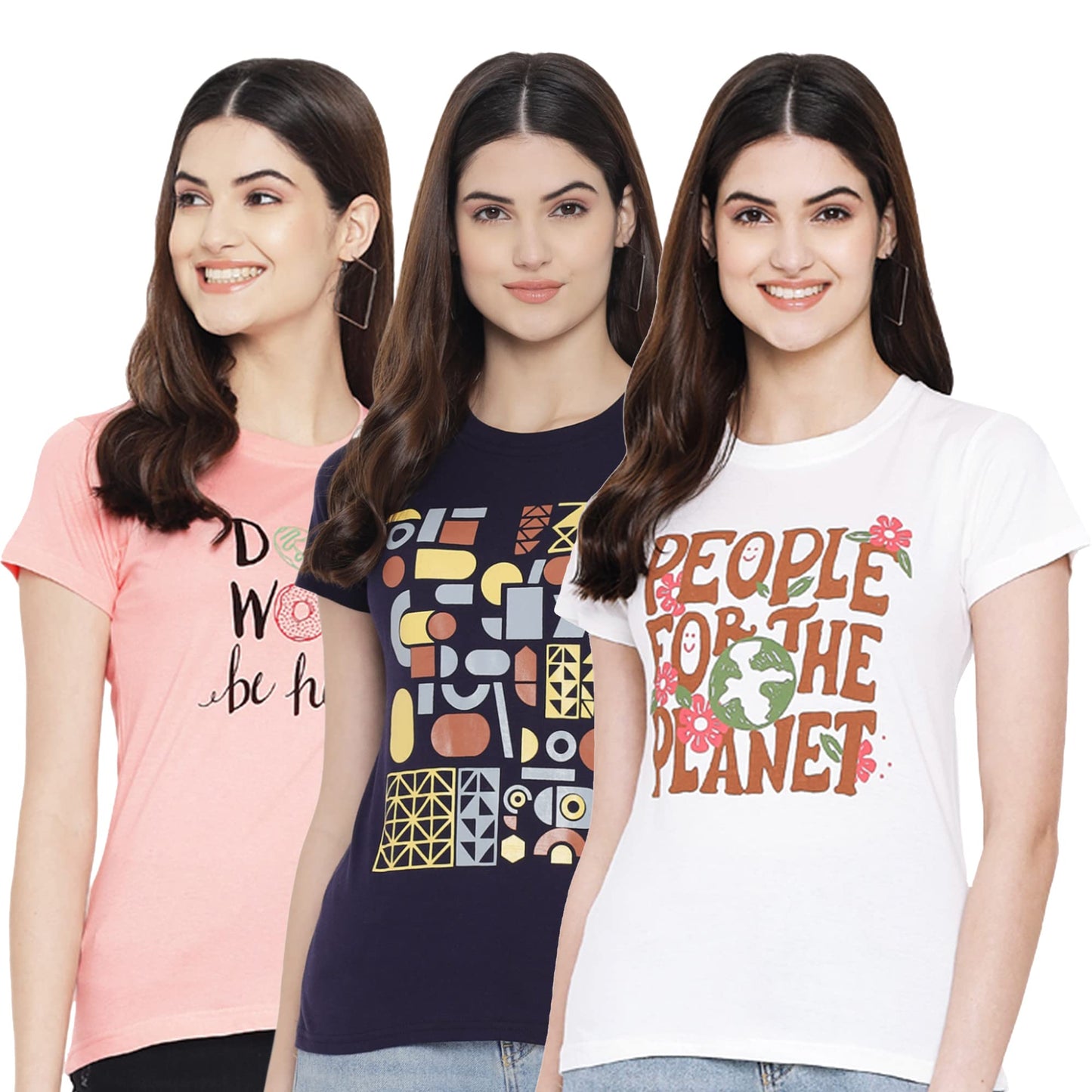 Preneum Womens Cotton Regular Fit Latest Graphic Stylish Printed Short Sleeves Casual T-Shirt || Trendy & Style (Pack 3), Brigh