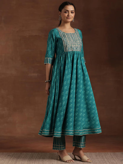 Libas Blue Silk Blend Printed Kurta Sets For Women