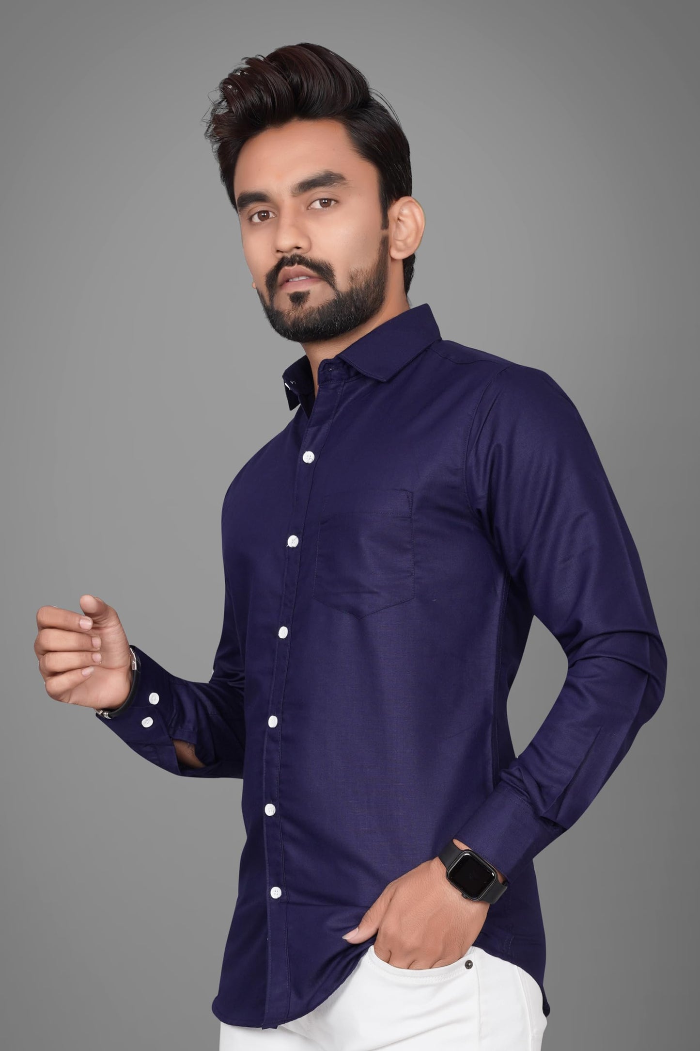 Besix MenS Cotton Blend Solid Shirt With Spread Collared Full Sleeve Button Closure Curved Hem Straight Length And One Pocket |