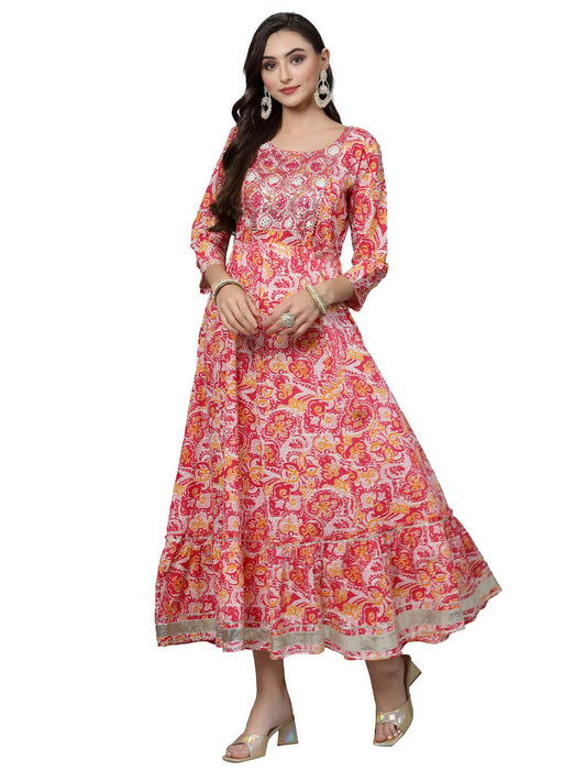 Stylum Women's Printed & Embroidered Cotton Tiered Dress Kurta (Lisa_Pink)