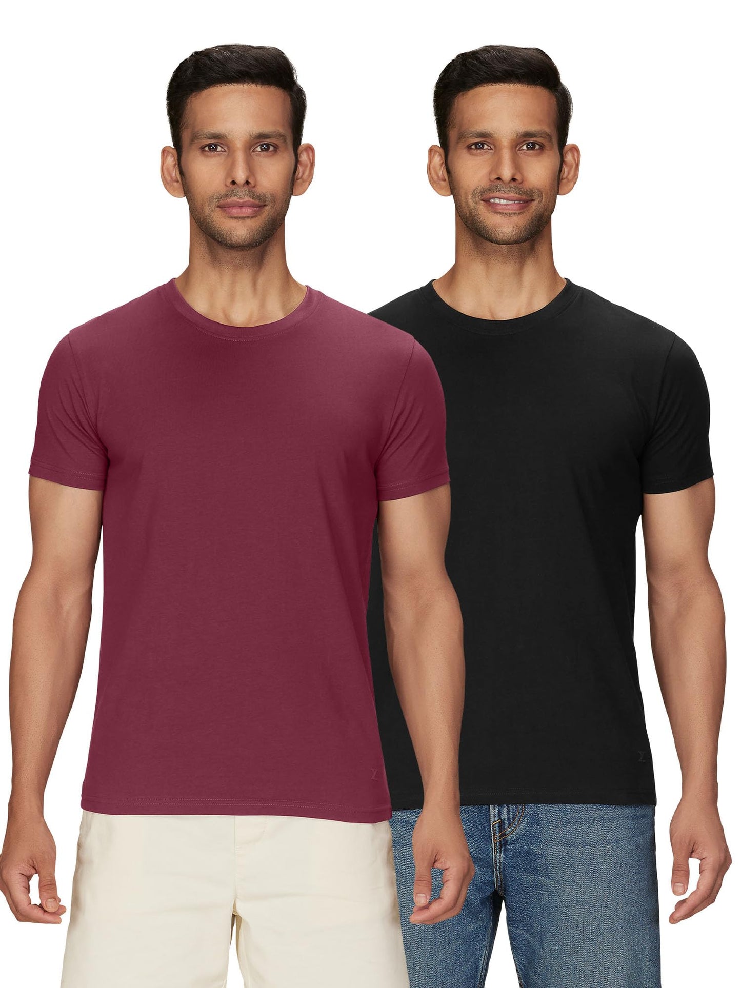 XYXX Mens Solid Regular Fit T-Shirt (XY_CR15_Tshirt_2_Bold Burgundy+Pitch Black