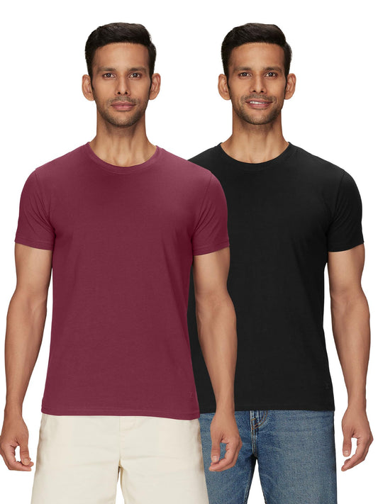 XYXX Mens Solid Regular Fit T-Shirt (XY_CR15_Tshirt_2_Bold Burgundy+Pitch Black