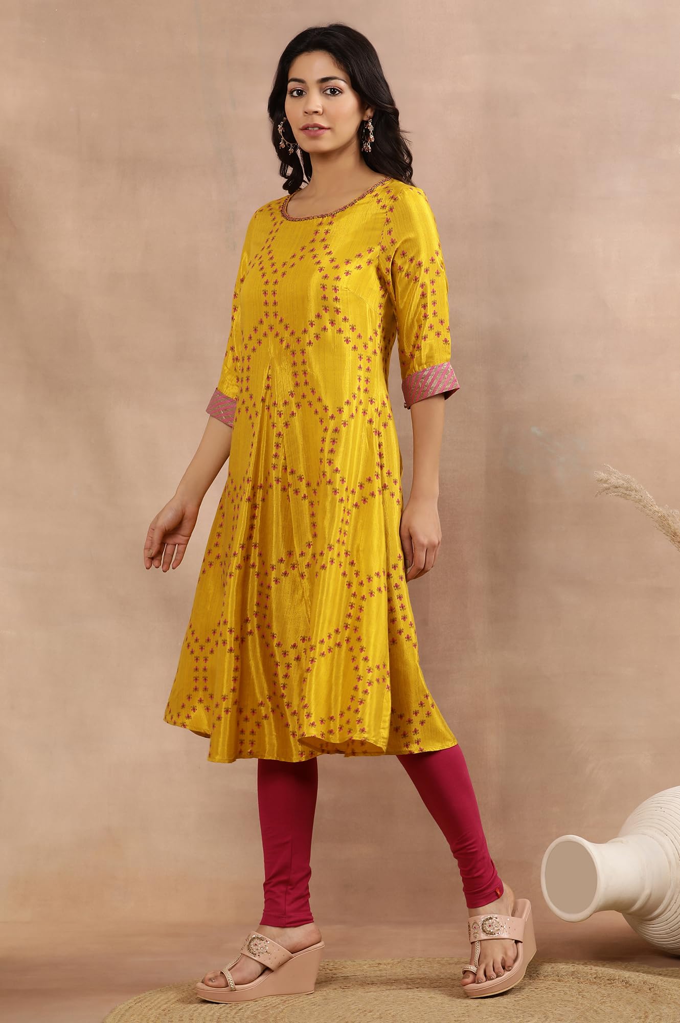 W for Woman W Women Yellow Festive Geometric Print Viscose Flared Kurta set with Tight & Dupatta