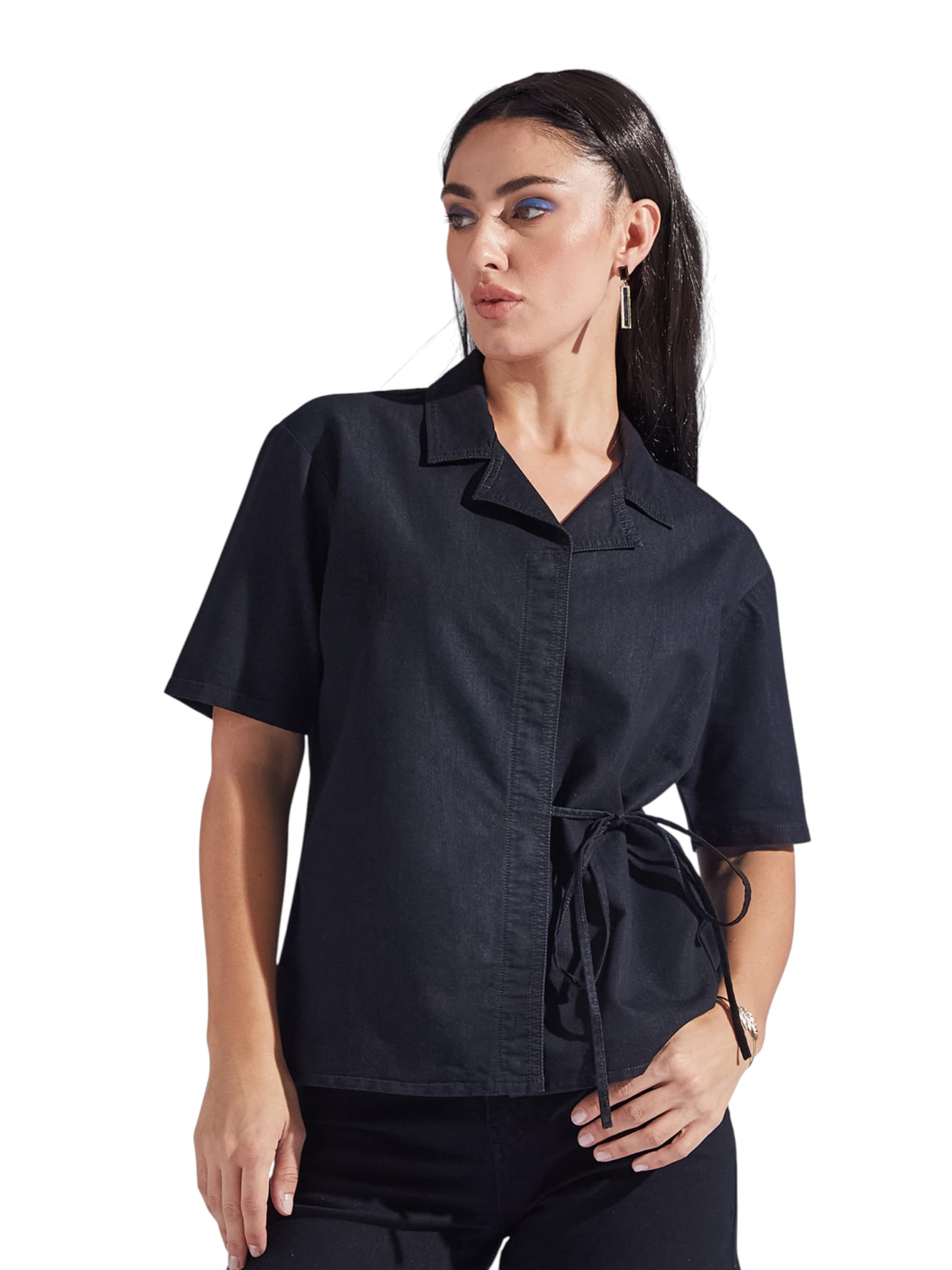 Miss Chase Womens Shirt Collar Short Sleeve Tie Up Solid Regular-Length Denim Shirt (MCAW25DEN61-36-FGB-06, Crow Black, XL)