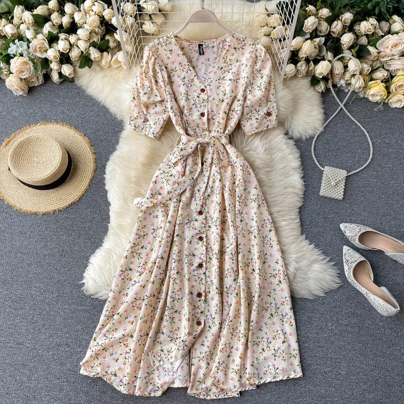 Gufrina Dresses For Women Half Sleeve || Floral Print || V-Neck And Puff Sleeves || Front Open Button & Tie-Up || Midi Dress (Be