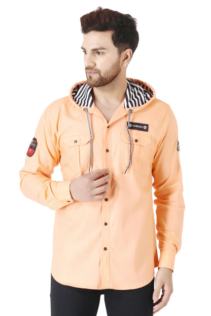 Besix MenS Orange Tailored Fit Cotton Blend Shirt For Man With Hoodie - Casual Long Sleeve Shirt With Pockets - Patch Detail Fo