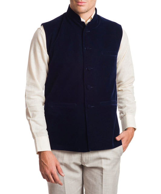 Wintage Men'S Velvet Bandhgala Festive Navy Blue Nehru Jacket Waistcoat