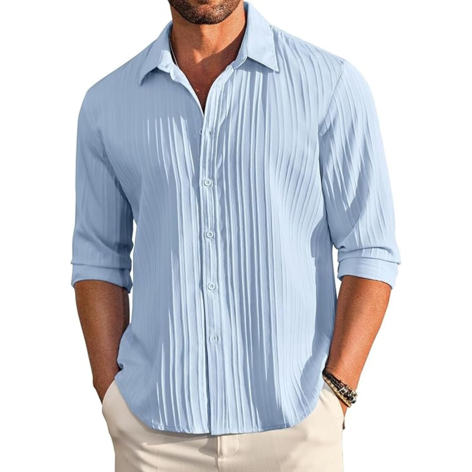 Deelmo MenS Button Down Dress Shirts Textured Long Sleeve Casual Hawaiian Beach Shirt Sky Blue