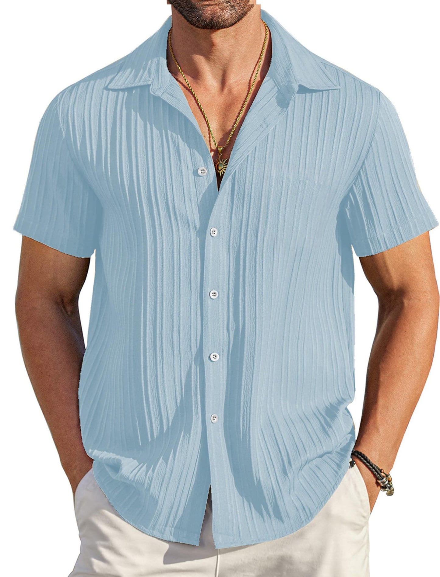 Mildin MenS Cotton Blend Shirt With Self Design Textured Stripes Spread Collar Neck Half Sleeve Western Hip Length | Sky Blue