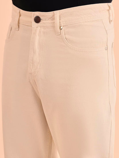 Style Quotient Men Relaxed Fit High Rise Cotton Jeans Off White