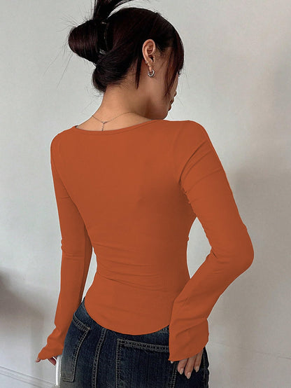 Sugathari Womens Orange Solid Long Sleeve Wrap-Style Square Split Crew Neck Bodycon Women T-Shirt Spring and Summer, Minimalist