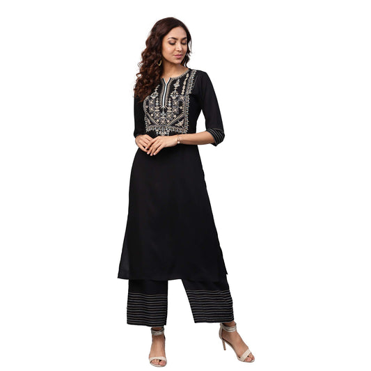 Idalia Embroidered Black Kurta With Palazzo Pants
