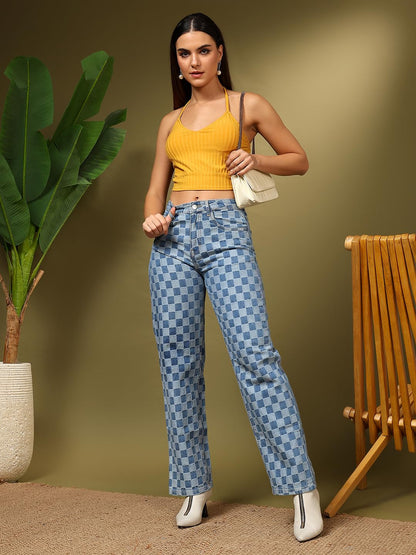 Kotty WomenS Checkered Pure Cotton Wide Leg Jeans(Blue,32)