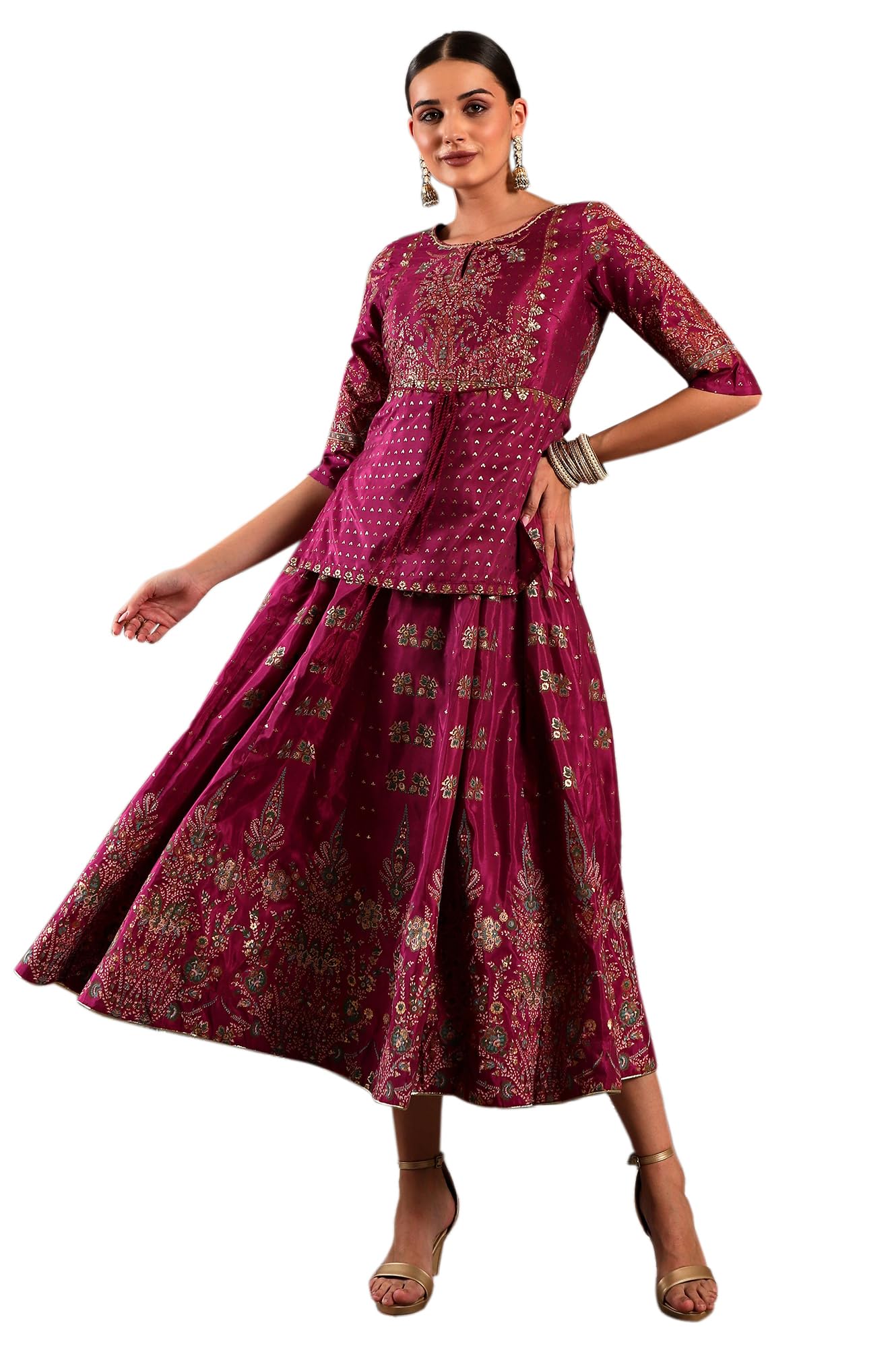 W For Woman Purple Floral Printed Synthetic Layered Dress With Foil Sequins