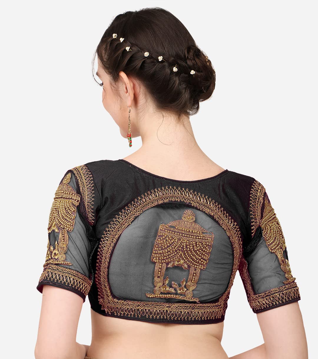 Pujia Mills WomenS Multicolor Temple Embroidery Net Back Sequence Khatli Work Sleeves Design Phantom Silk Readymade Saree Blous