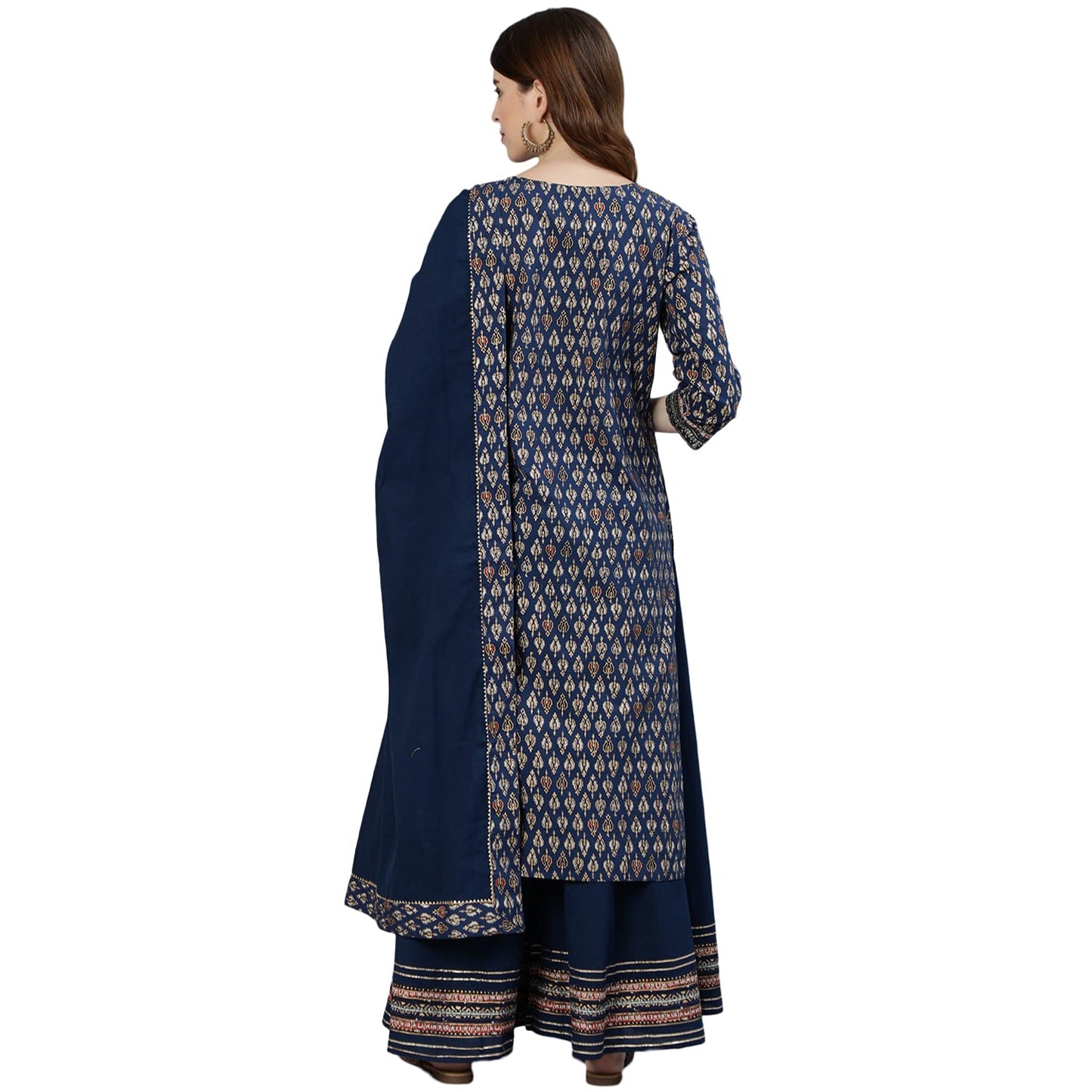 ishin Women's Pure Cotton Navy Blue Embroidered A-Line Kurta set With Trouser and Dupatta