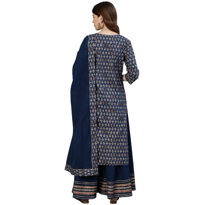 ishin Women's Pure Cotton Navy Blue Embroidered A-Line Kurta set With Trouser and Dupatta