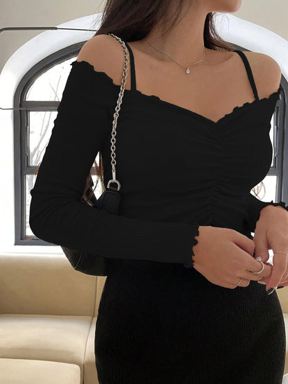 Sugathari Womens Black Solid Colour Open Cold Off Shoulder Long Sleeve Lettuce Hem Casual Autumn Trim Tight- Slim Fitting Ruche