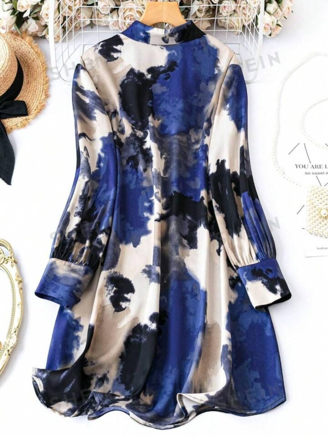 Gufrina WomenS Rayon Dress With Long Puff Sleeves Mandarin Collared Neck Tie Die Printed A-Line Style Regular Fit And Knee Leng